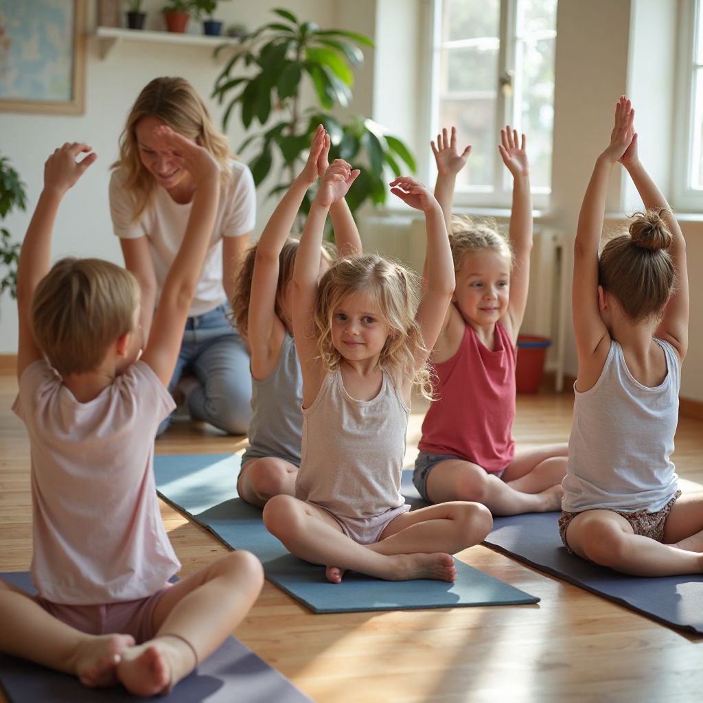 Children and parents doing age-appropriate yoga poses